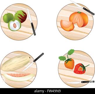 Frutta fresca, illustrazione di Jujube, Persimmon, melone e fragola sul taglio di legno Pannelli. Illustrazione Vettoriale