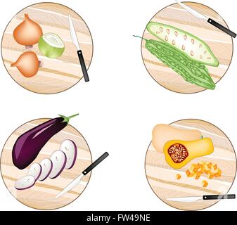 Vegetali e le erbe, cipolle, balsamo pera, melanzana e Butternut Zucca Woodeen su schede di taglio. Illustrazione Vettoriale