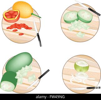 Vegetali, illustrazione di cipolle, Gac frutta e zucca di cera su legno schede di taglio. Illustrazione Vettoriale