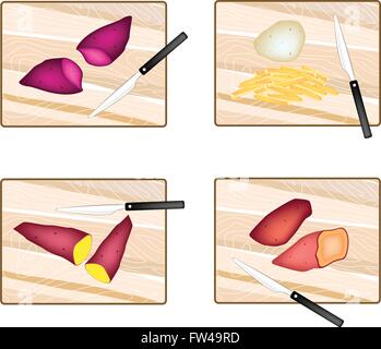 Diversi tipi di intero e dimezzato di patate dolci e di fecola di patate sul tagliere di legno. Illustrazione Vettoriale