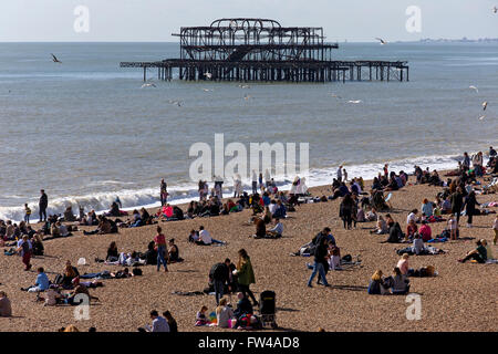 Persone godetevi il sole sulla spiaggia di Brighton. 2016. Foto Stock
