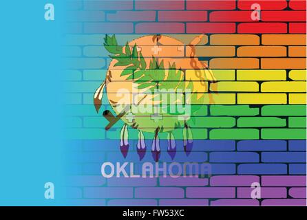 Un ben indossati parete dipinta con un arcobaleno LGBT con la Oklahoma State flag Illustrazione Vettoriale