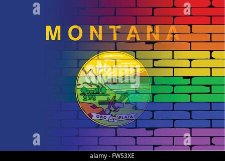 Un ben indossati parete dipinta con un arcobaleno LGBT con il Montana di Stato bandiera Illustrazione Vettoriale