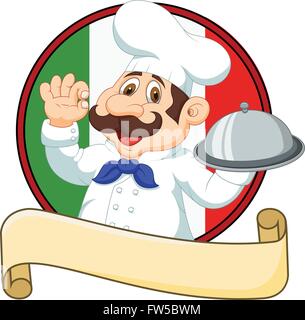 Cartoon funny cuoco italiano cartoon tenendo piatto con segno ok Illustrazione Vettoriale