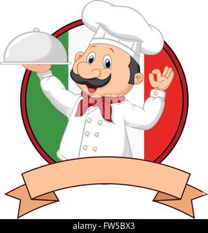 Cartoon funny cuoco italiano cartoon tenendo piatto con segno ok Illustrazione Vettoriale