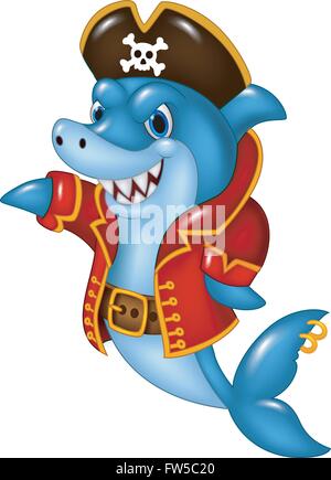 Cartoon shark pirata presentando isolati su sfondo bianco Illustrazione Vettoriale