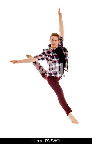 Esperto maschio o lirica contemporanea salti ballerino in un Jete con un po' di atteggiamento Foto Stock