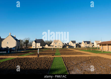 Assegnazioni su un alloggiamento nuovo sviluppo sulla periferia di Cotswold città mercato Fairford nel Gloucestershire, England, Regno Unito Foto Stock