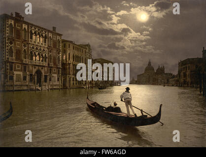 Gondola sul Canal Grande al chiaro di luna, Venezia, Italia, Photochrome Stampa, circa 1900 Foto Stock