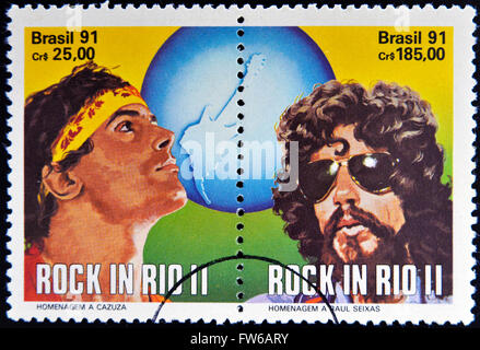 Brasile - circa 1991: timbri stampato in Brasile dedicato al Rock in Rio, mostra Cazuza e Raul Seixas, circa 1991 Foto Stock