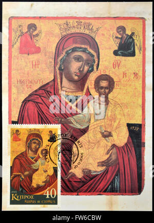 Cipro - circa 2005: un timbro stampato in Cipro mostra la Vergine Maria Karmiotissa, Foto Stock