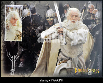 Nuova Zelanda - circa 2003: timbro stampato in Nuova Zelanda, mostra Gandalf il Bianco da Il signore degli anelli, circa 2003 Foto Stock