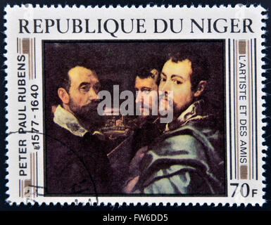 Repubblica del Niger - circa 1978: un timbro stampato in Niger mostra disegnare da Peter Paul Rubens 'Mantuan Circolo di amici", circa 1978 Foto Stock