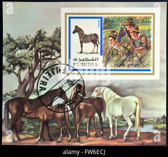 FUJEIRA - circa 1972: un timbro stampato in Fujeira mostra boy scout e zebra, circa 1972 Foto Stock