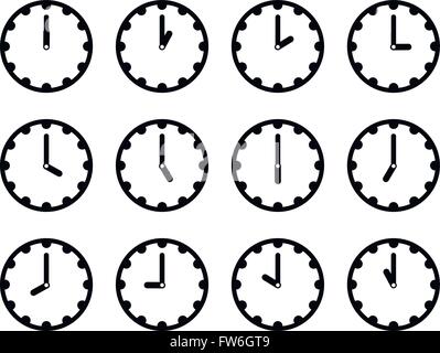 Set di volti di clock semplici icone nere per ogni ora su bianco Illustrazione Vettoriale