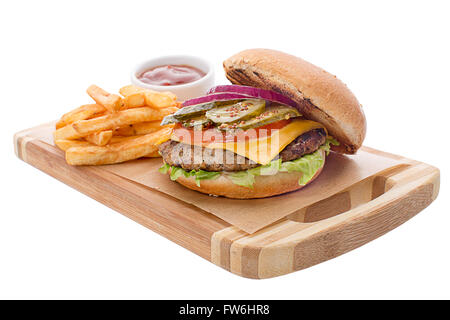 Aprire burger con cotoletta, patatine fritte, formaggio Foto Stock