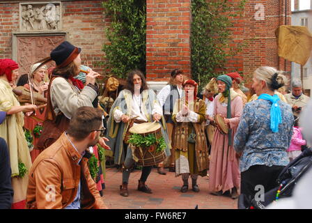Un gruppo di persone vestite in costumi medievali a riprodurre musica durante il 2013 Landshut corteo nuziale Foto Stock