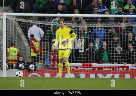 28 Marzo 2016 - Vauxhall sfida internazionale (gentile). Irlanda del Nord 1 La Slovenia 0. Roy Carroll - Irlanda del Nord Foto Stock