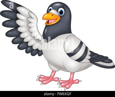 Cartoon buffo uccello piccione presentando isolati su sfondo bianco Illustrazione Vettoriale