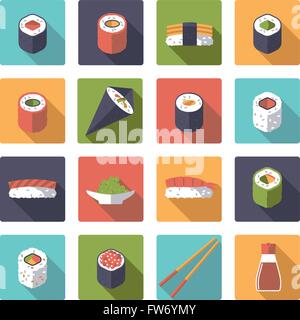 Sushi correlati design piatto lungo ombra le icone in quadrati arrotondati Illustrazione Vettoriale