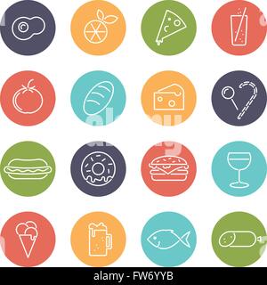 Linea di alimenti raccolta di icone, negativo nei cerchi colorati Illustrazione Vettoriale