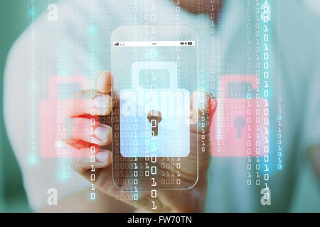 Stretta di mano con serratura di sicurezza sullo smartphone Foto Stock