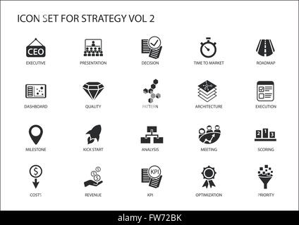 Icona di strategia impostata con vari simboli per temi strategici come ottimizzazione, dashboard,la prioritizzazione. Illustrazione Vettoriale