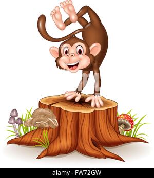 Cartoon happy monkey ballando sul ceppo di albero Illustrazione Vettoriale