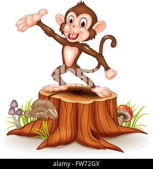 Cartoon Happy monkey presentando sul ceppo di albero Illustrazione Vettoriale