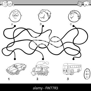 Bianco e Nero Cartoon illustrazione dei percorsi didattici o labirinto Puzzle Attività per bambini in età prescolare con veicoli di colorazione Illustrazione Vettoriale