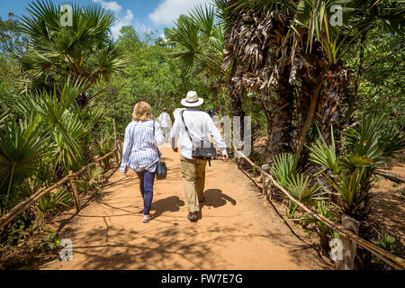 La gente che camminava per il Matrimandir, a Auroville, una borgata sperimentale nel distretto di Viluppuram nello stato del Tamil Nadu Foto Stock