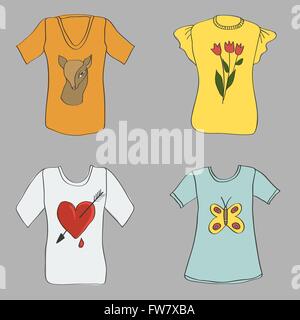 Disegno a mano le donne T-shirt con stampa - illustrazione vettoriale EPS. 8 Illustrazione Vettoriale