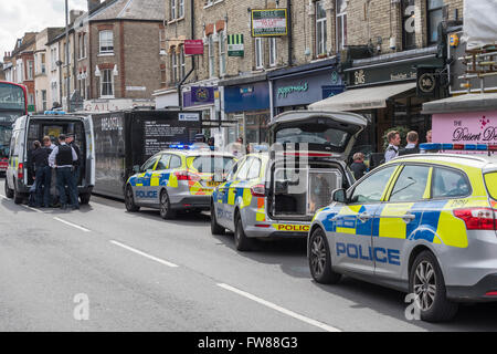 Clapham, Londra, Regno Unito. 1 Aprile, 2016. Un uomo è stato arrestato dalla polizia per presunto furto di un sacco su Northcote Road, Clapham, SW di Londra. Egli era stato inizialmente inseguiti e portato a terra da parte di un manager dal Byron Burger ristorante e poi quattro automobili di polizia (incl uno con un cane) e una polizia van arrivati. Deve essere stata una mattina tranquilla per la polizia come venti minuti prima di otto abiti informali ufficiali erano avente un drink pausa in uno Starbucks a una cinquantina di metri di distanza dall'incidente - anche se essi non sono stati coinvolti nell'arresto. Credito: Guy Bell/Alamy Live News Foto Stock