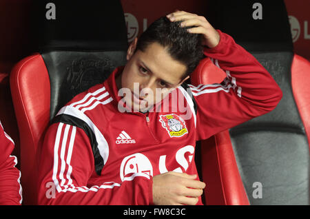 Leverkusen, Germania. Il 1 aprile, 2016. Il calcio Bundesliga, Leverkusen, Germania, 01.04.2016, Bayer 04 Leverkusen vs VfL Wolfsburg: Chicharito (Leverkusen) sul banco di prova. Credito: Juergen schwarz/Alamy Live News Foto Stock