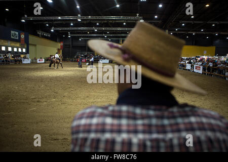 Buenos Aires, Argentina. 1 apr, 2016. Un ciclista esegue la manovra di 'Rein' durante il dodicesimo 'i nostri cavalli' Expo, sui motivi dell'argentino della società rurale, a Buenos Aires, Argentina, il 1 aprile 2016. © Martin Zabala/Xinhua/Alamy Live News Foto Stock