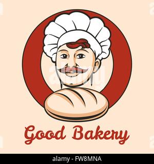 Emblema di panetteria con cook e la pagnotta di pane all'interno del cerchio disegnato in stile retrò. Free font utilizzato. Illustrazione Vettoriale