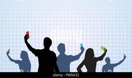 Gruppo di persone Silhouette tenendo Selfie Foto sul cellulare Smart Phone Illustrazione Vettoriale