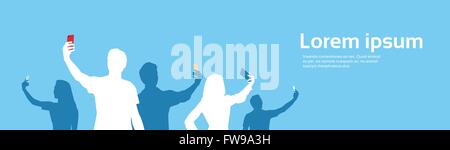 Gruppo di persone Silhouette tenendo Selfie Foto sul cellulare Smart Phone Banner spazio di copia Illustrazione Vettoriale