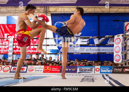 Muay Thai boxe tailandese, due uomini combattimenti nel pugilato ring, Thailandia Foto Stock
