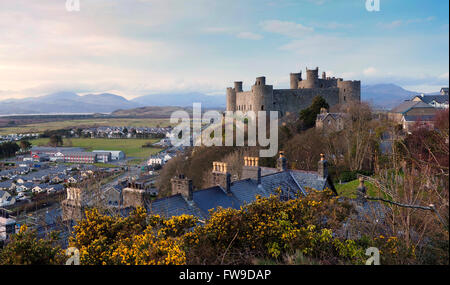 Harlech Castle in Gwynned, Galles, fotografato in ritardo su una serata primaverile. Le colline di Snowdonia sono visibili in background. Foto Stock