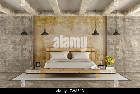 In legno letto matrimoniale in camera grunge con pareti in calcestruzzo e travi di cemento - 3D Rendering Foto Stock