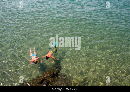 Paio di snorkeling in acque trasparenti Foto Stock