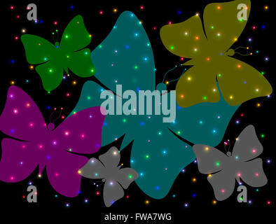 Farfalle astratta su uno sfondo nero con luci colorate Foto Stock