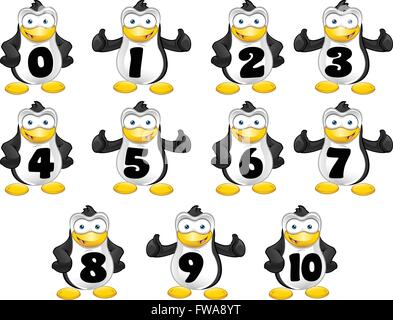 Un cartoon Penguin con numeri da 0 a 10 sul suo ventre. Illustrazione Vettoriale