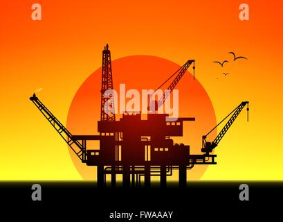 Illustrazione della piattaforma di olio sul mare e del tramonto sullo sfondo, vettore Illustrazione Vettoriale