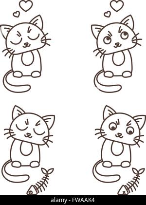 Set di cute cat caratteri. Soddisfatto alimentato gattini. Diffidenti fishbone. Illustrazione Vettoriale