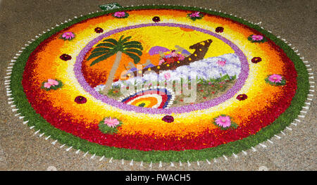 Pookalam ( tappeto floreale ) o disegni floreali sono un elemento integrale colorato. Decorazioni floreali - durante il festival di Onam in Kerala Foto Stock