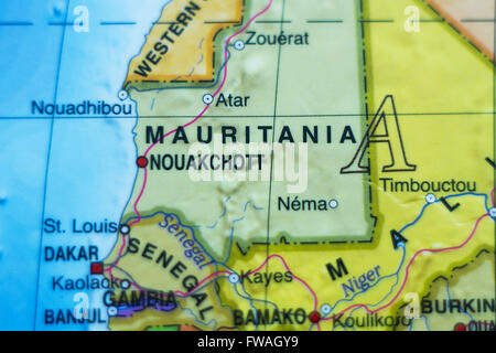 Foto di una mappa della Mauritania e la capitale Nouakchott . Foto Stock