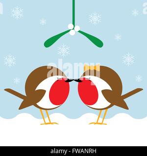 Due cartoon robin redbreasts baciare sotto il vischio in inverno la neve. Uno di una serie di cartoni animati di Natale scene robin Illustrazione Vettoriale