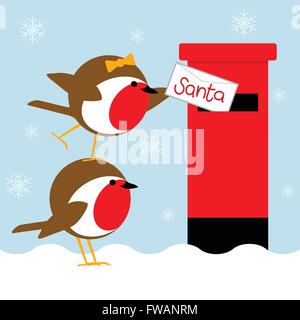 Divertente scheda di natale con graziosi robins inviare una lettera a santa Illustrazione Vettoriale